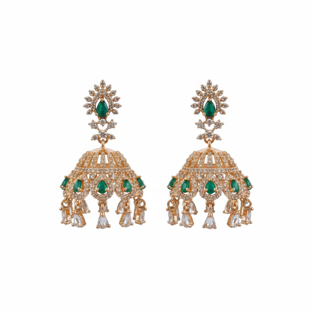 Rose gold CZ jhumka earrings green - white background product shot