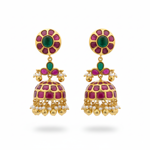 Kempu Handmade Jhumka Screw Back Earrings - White Background