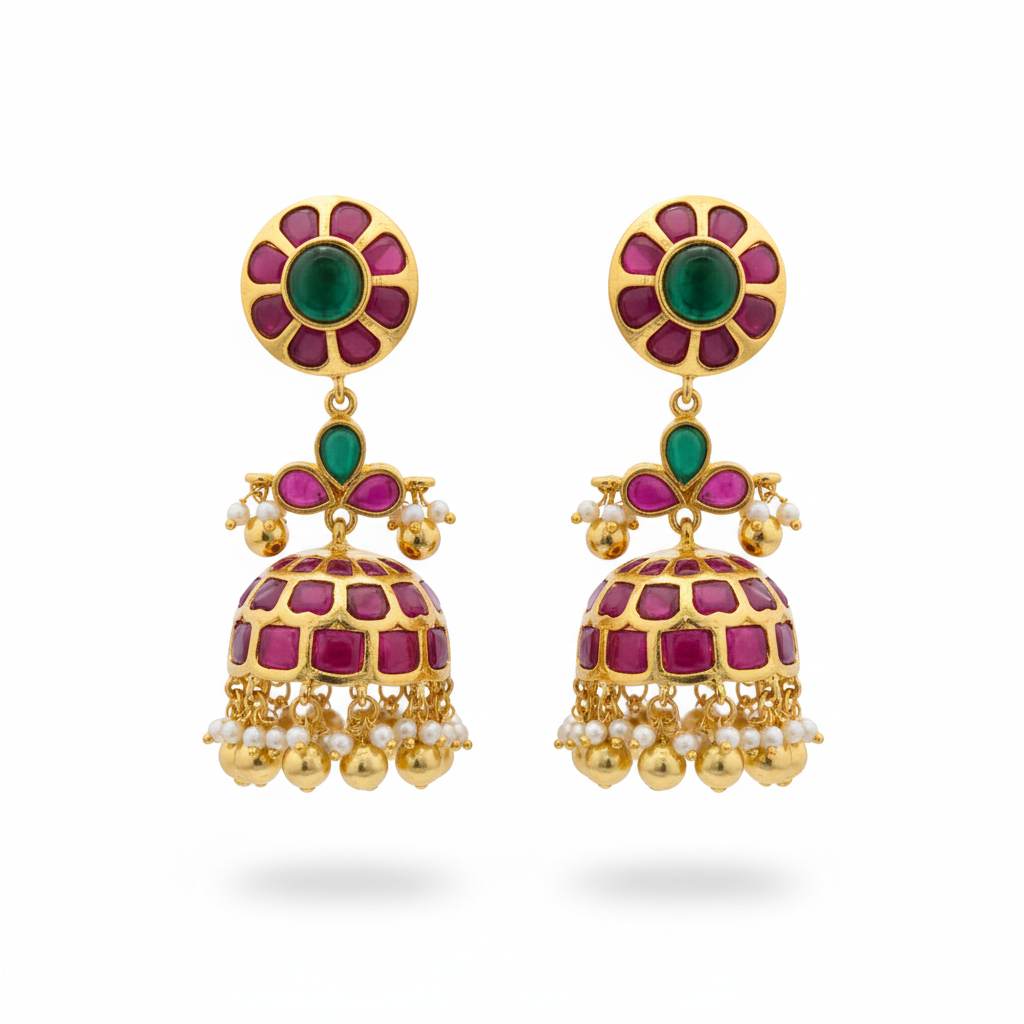 Kempu Handmade Jhumka Screw Back Earrings - White Background