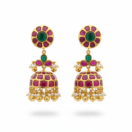 Kempu Handmade Jhumka Screw Back Earrings - White Background