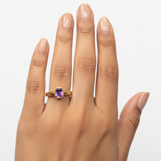 Gold Amethyst Purple Slim Bezel Ring - Lifestyle