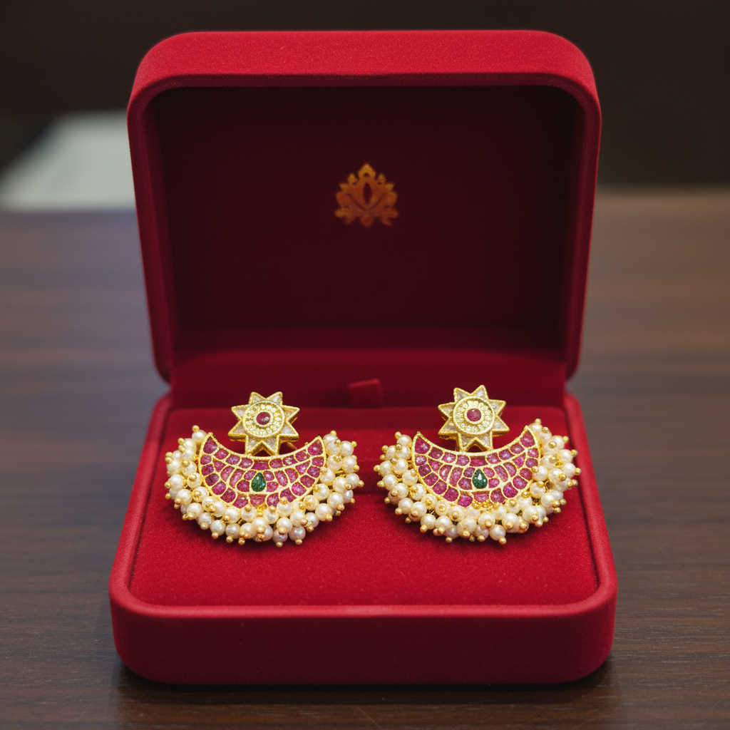 Kempu Surya Chandra Vanka Chandbali Earrings - In Box
