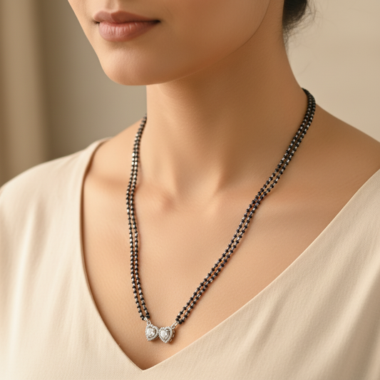 Long double strand black bead mangalsutra with twin heart CZ pendants - lifestyle
