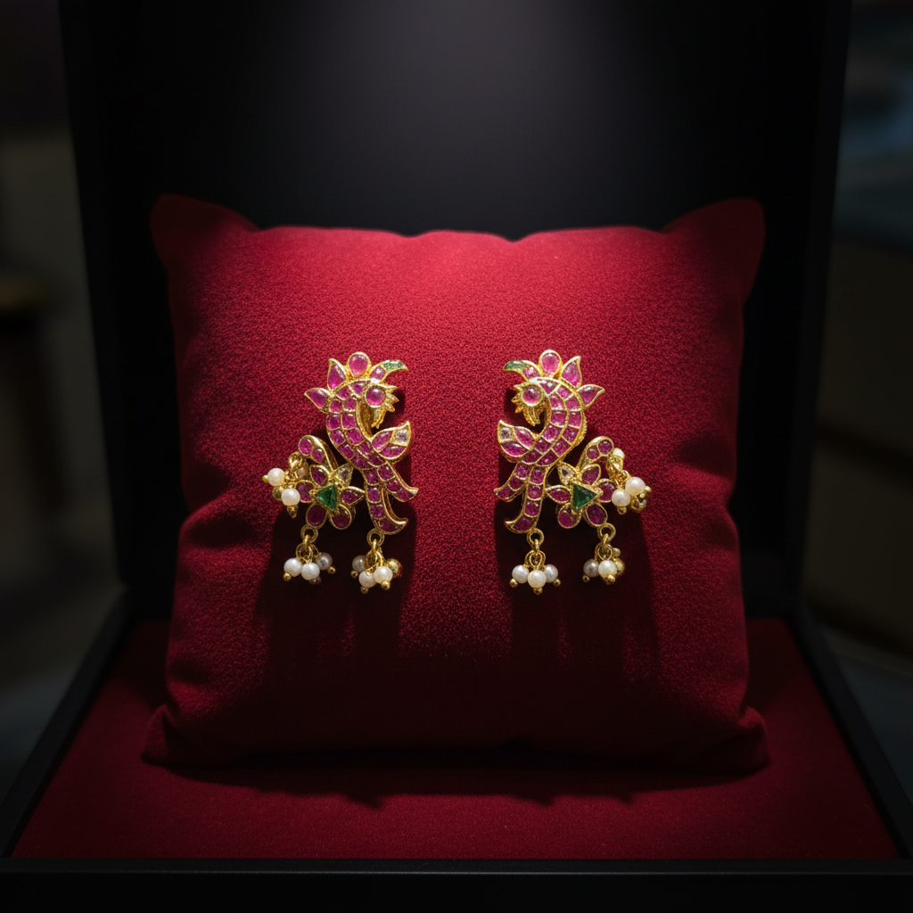 Kempu Peacock Studs – velvet display presentation