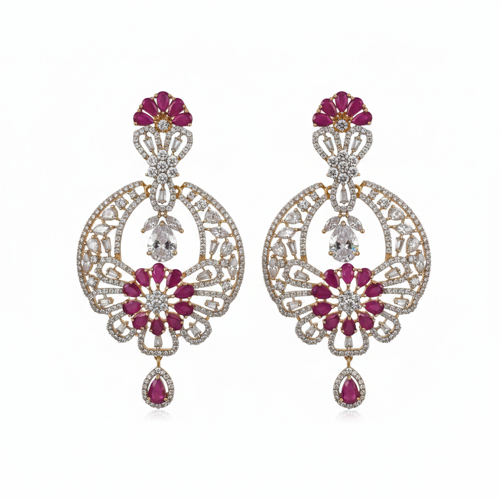 CZ Open Lattice Chandbali Earrings - Ruby Pink White Background