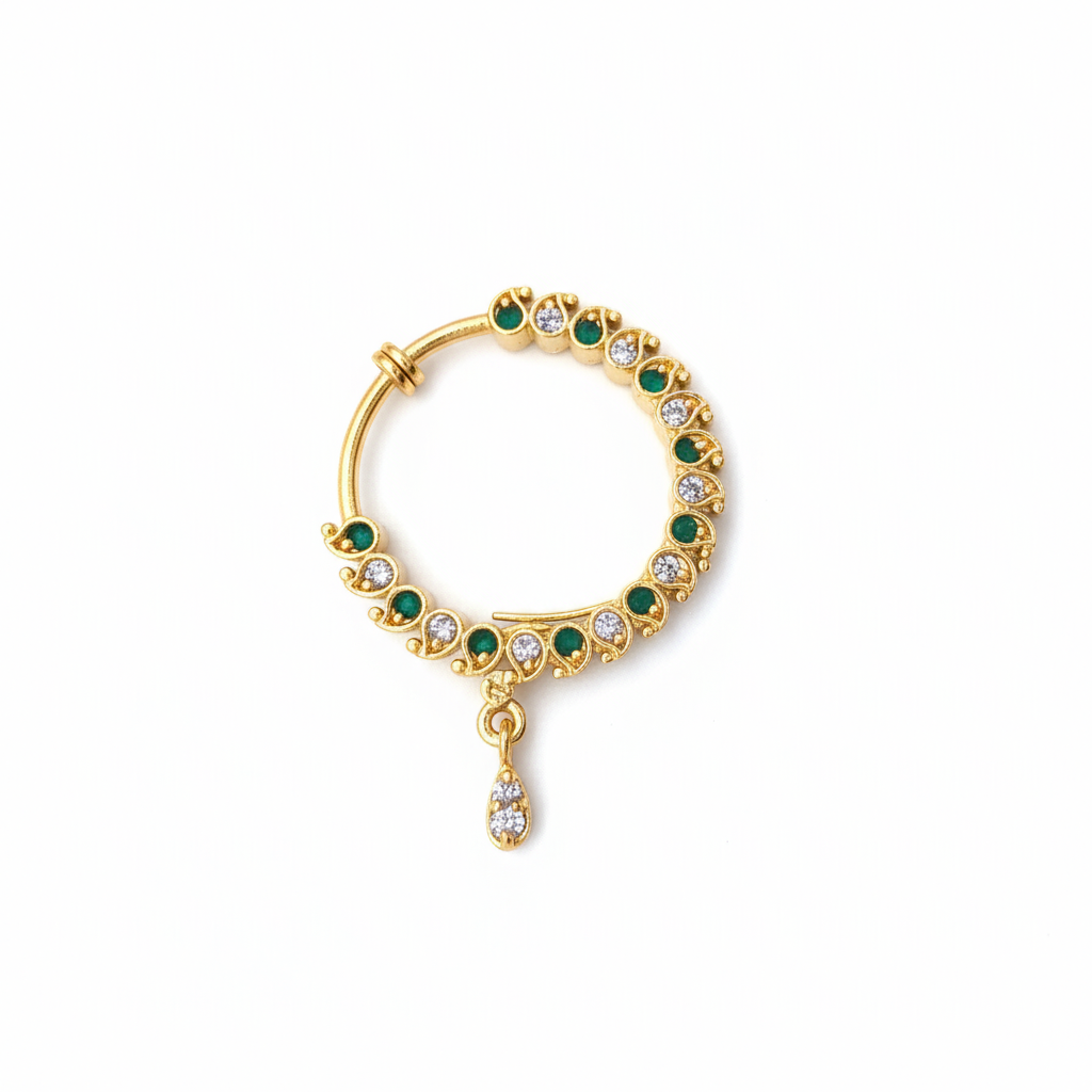 24K gold plated non-piercing nose ring with clear gemstones on white background