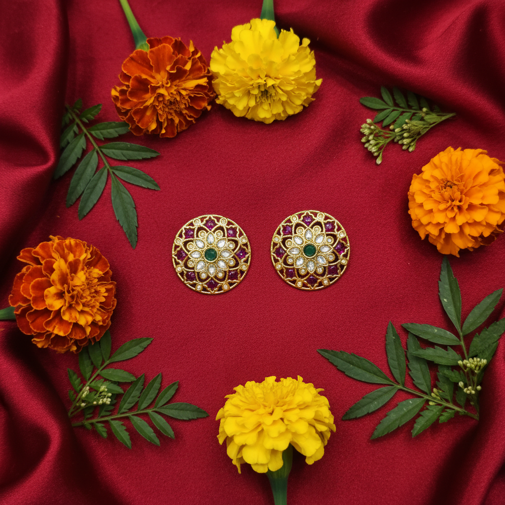 Polki Ruby Kundan Studs festive flat lay on red silk