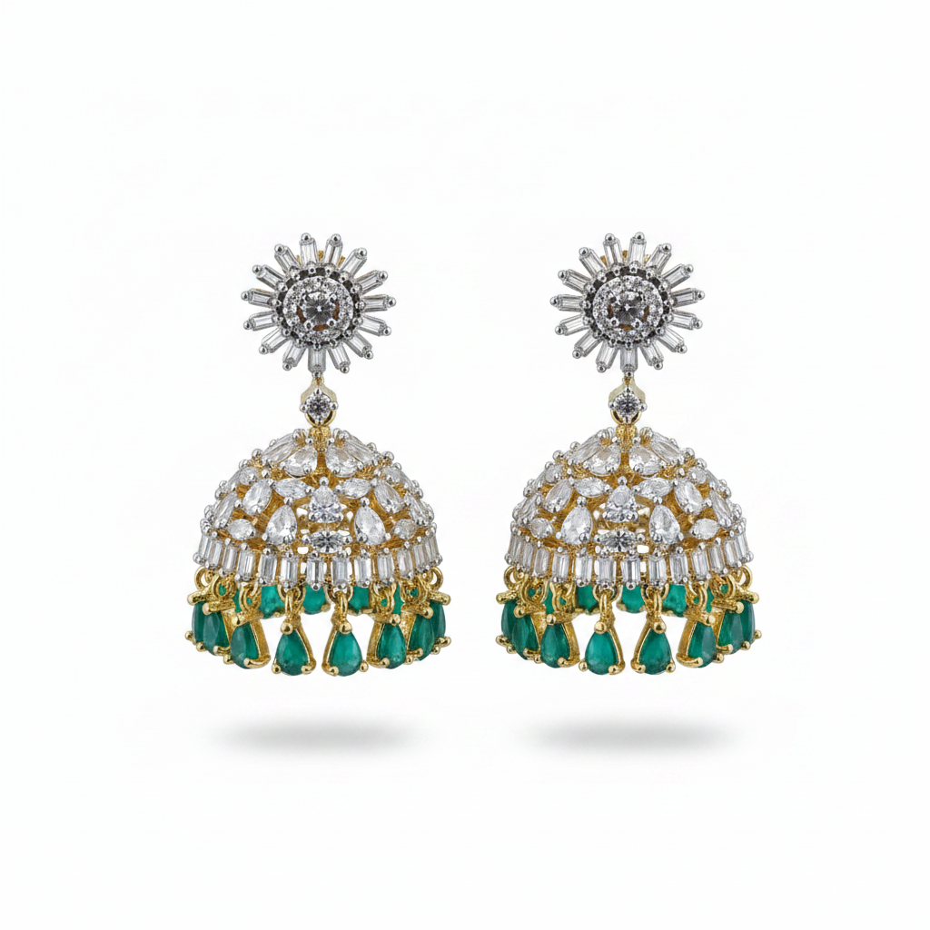 360° Rotating CZ Jhumki Emerald on white background