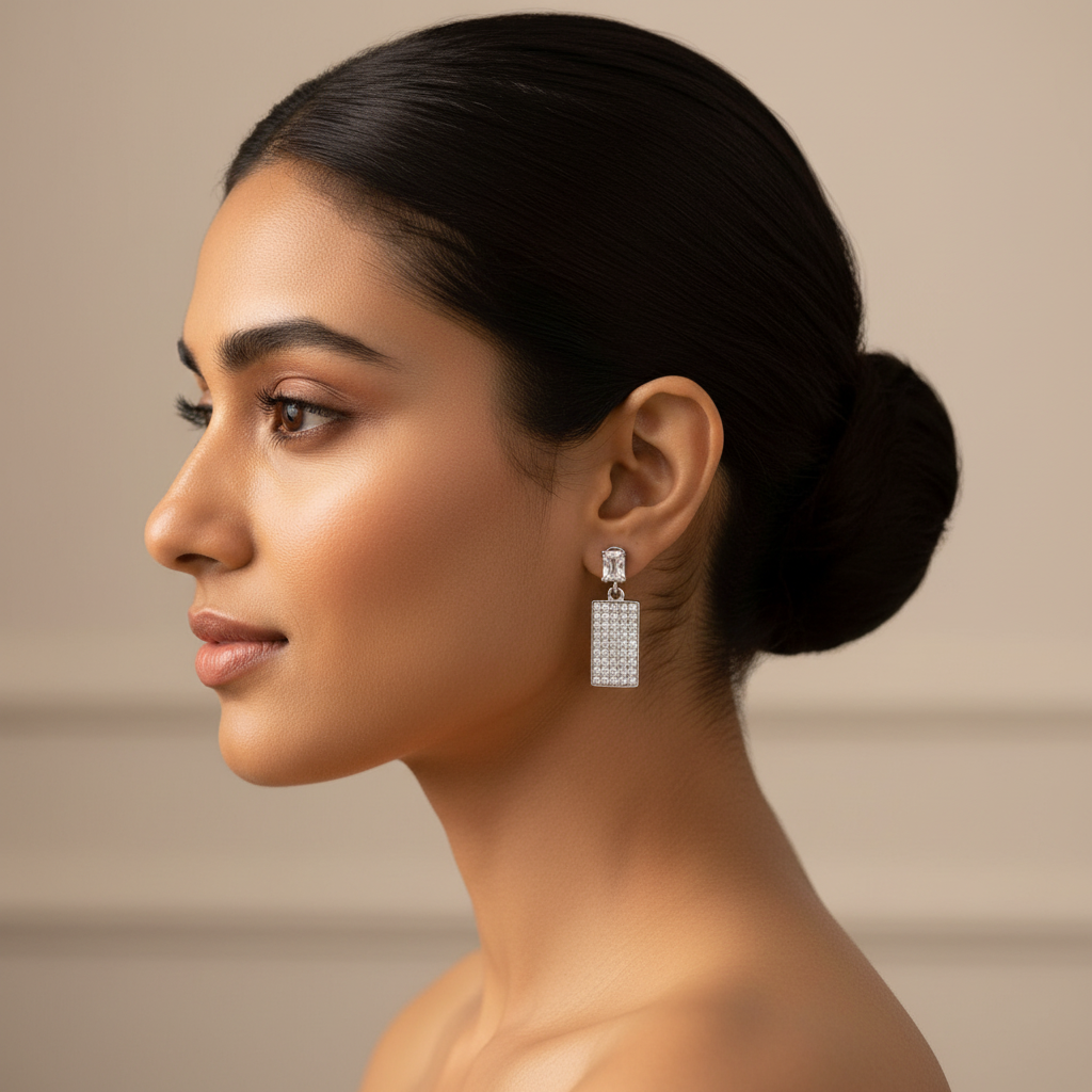 925 Silver Rectangular Crystal Earrings - Madrasi Screw