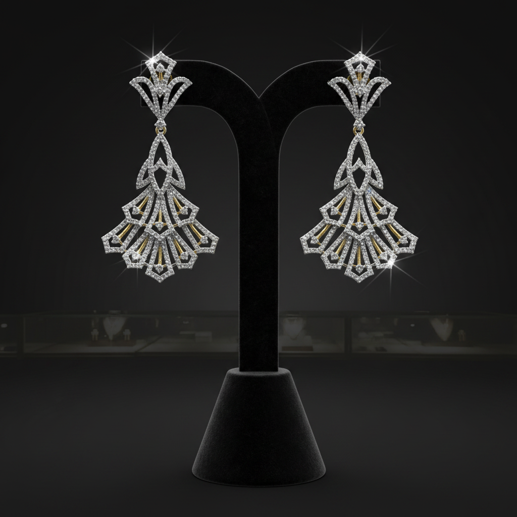 CZ Art Deco Fan Chandelier Earrings - Velvet Display Stand