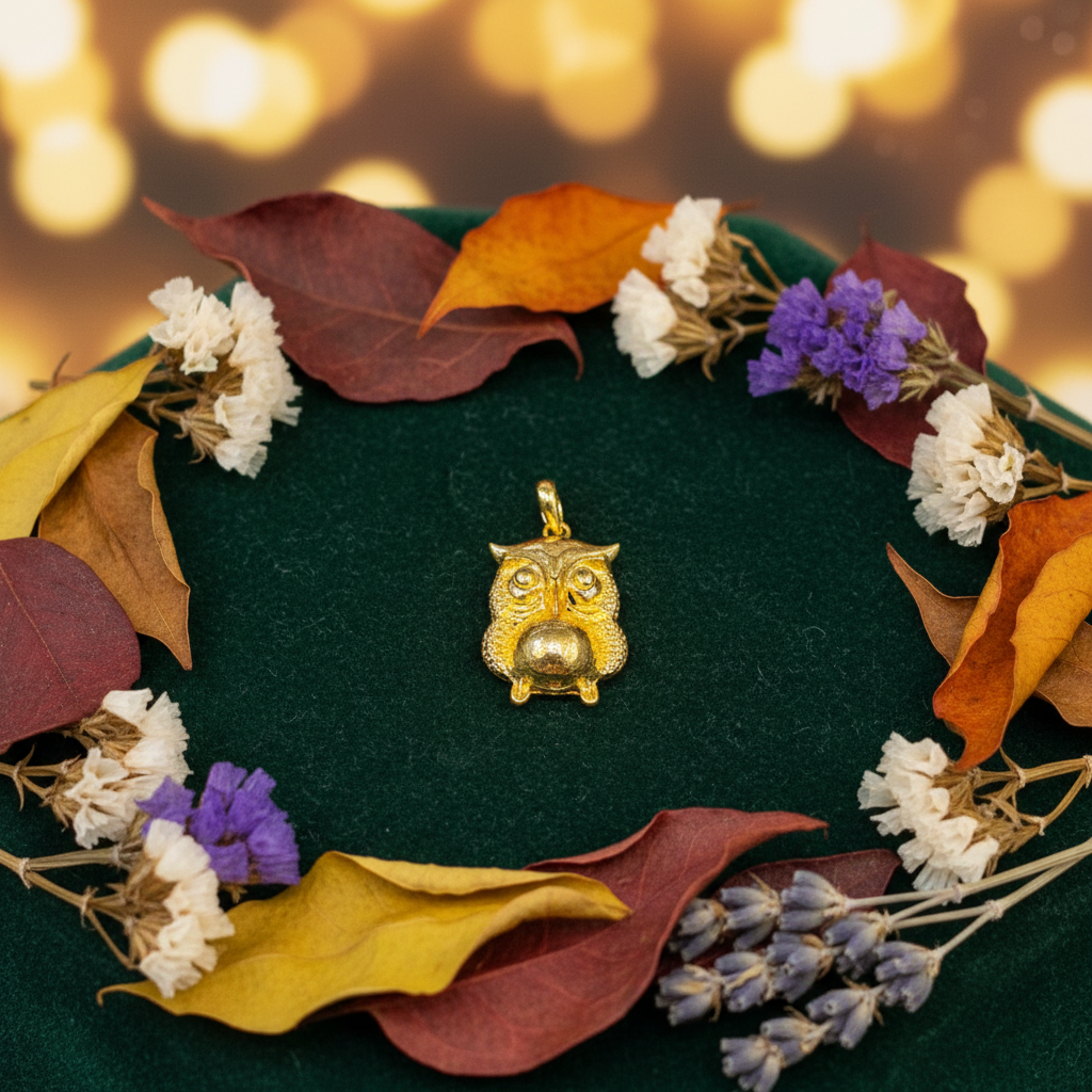 Gold Owl Locket on green velvet with autumn leaves