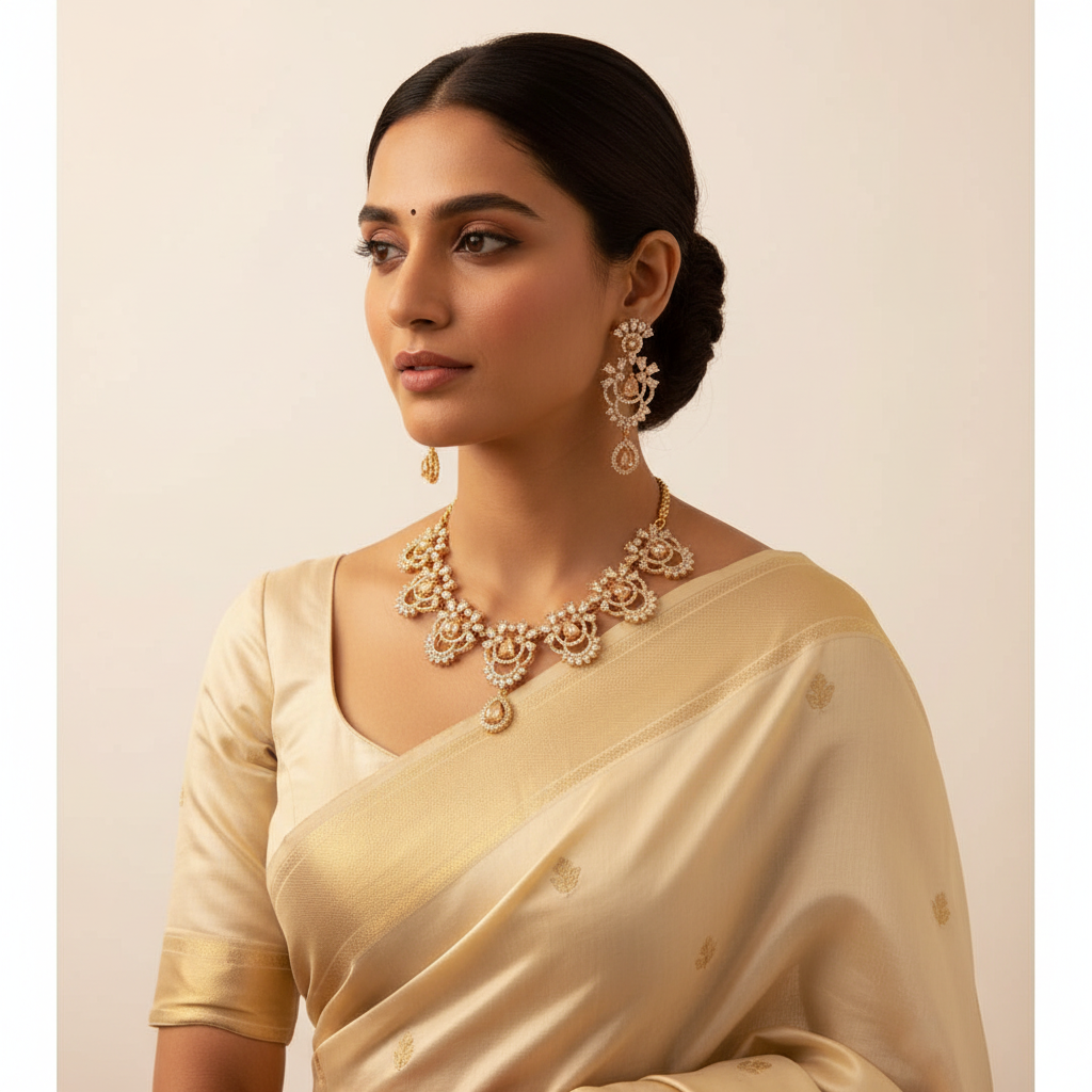 Lifestyle editorial photo of gold plated AD necklace set