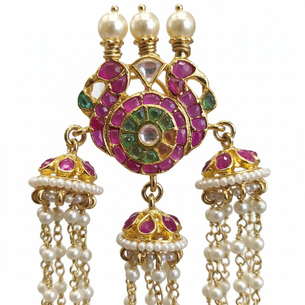 Polki Kundan Pearl Tassel Earrings - Macro Gemstone Detail
