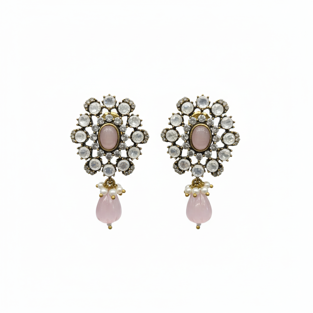 Victorian Polki Flower Studs Pink White Background Studio Shot