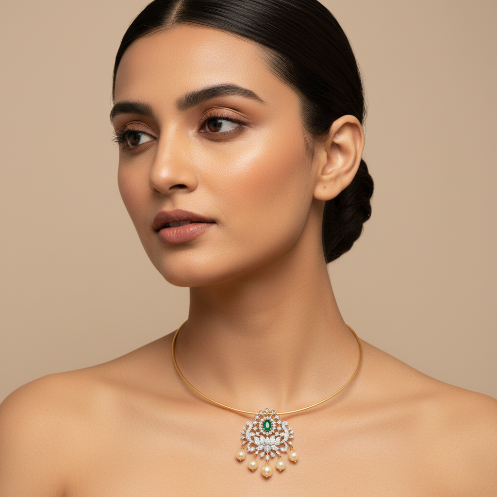 Elegant model wearing gold hasli choker necklace with CZ diamond pendant and pearl drops