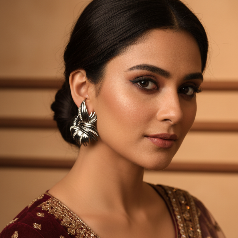 Model wearing Flame Earrings - Black Rhodium