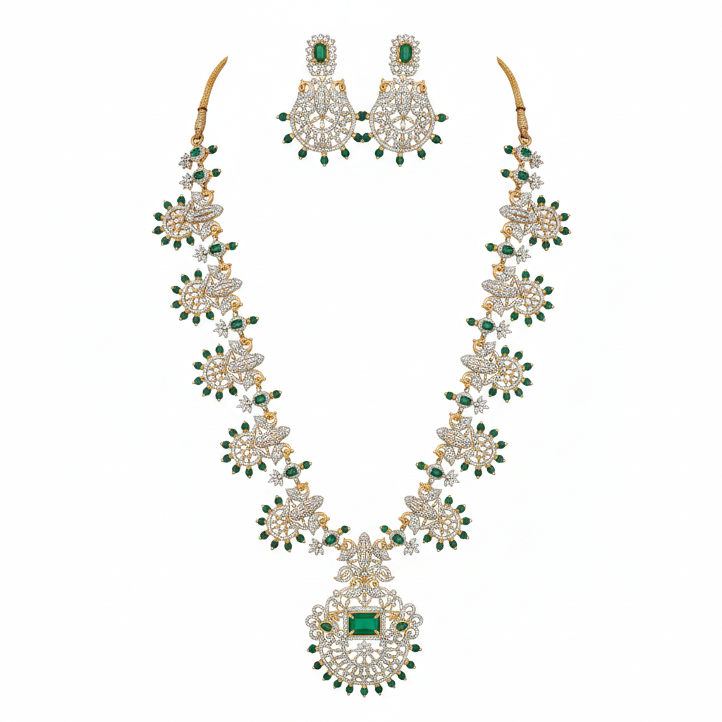 CZ Long Haram Necklace Set - Emerald Green - White Background