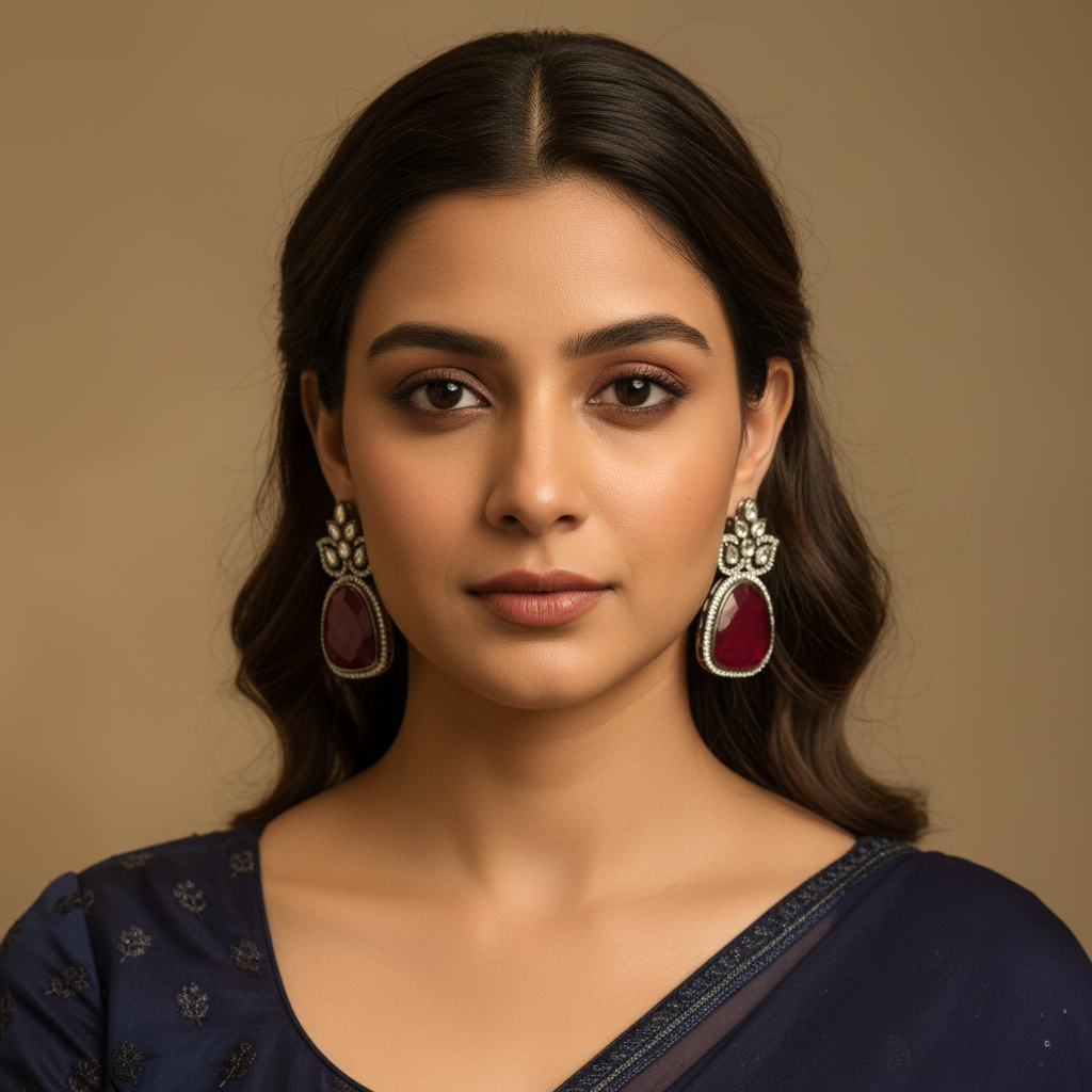 Model wearing Victorian Kundan Earrings - Ruby Red (1:1)