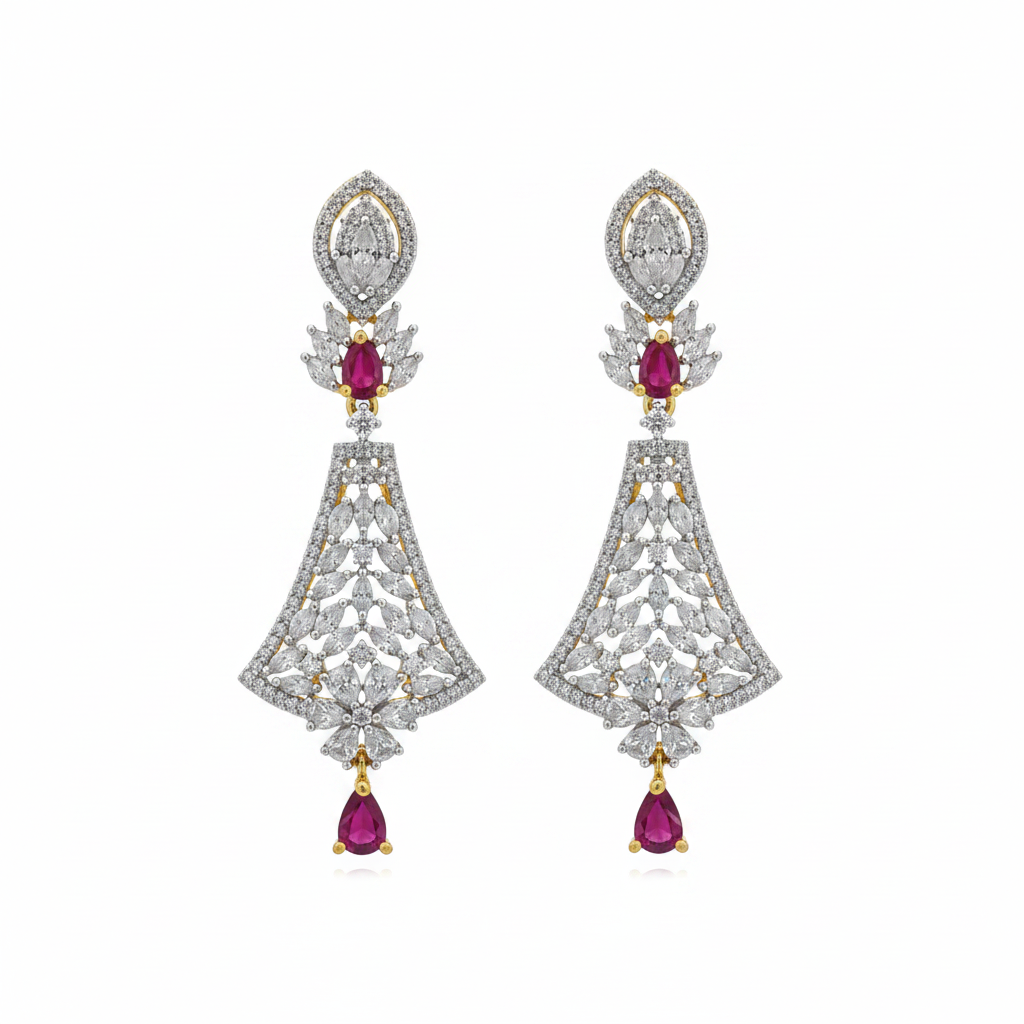CZ Marquise Kite Chandelier Earrings - Ruby Pink White Background Studio Shot