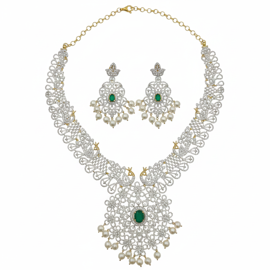 Emerald CZ Necklace Set - White Background Flat Lay