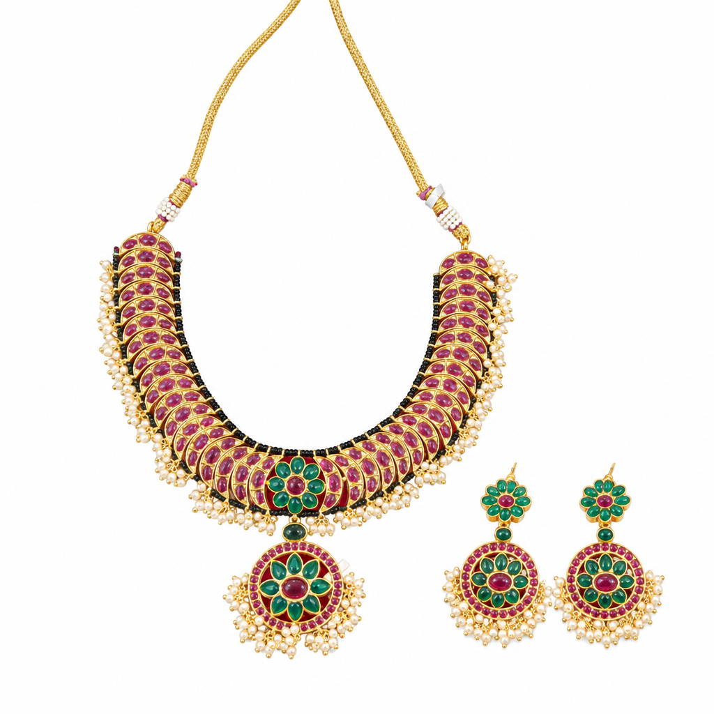 Traditional Kempu necklace with ruby-toned stones, green floral details, pearl fringe and matching earrings