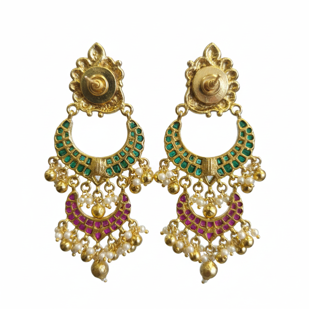 Emerald Ruby Chand Bali Earrings - Screw Back Closure Detail