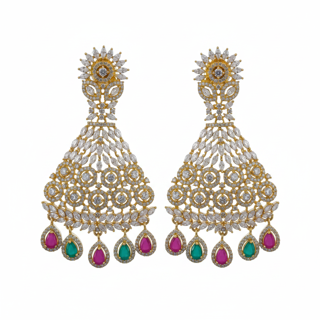 Grand CZ Chandbali Earrings Variant 3 Ruby Emerald Mixed Drops White Background