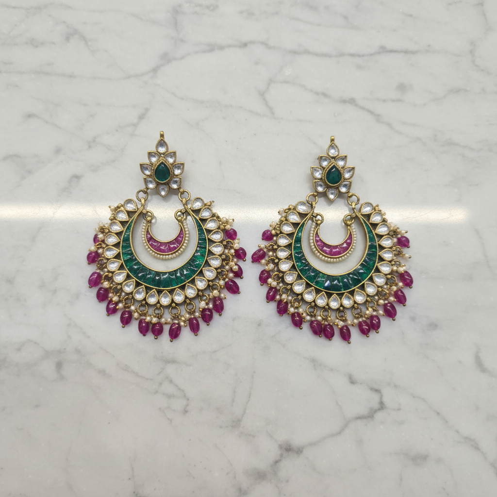 Jadau Kundan Chandbali Earrings - Flat Lay Marble