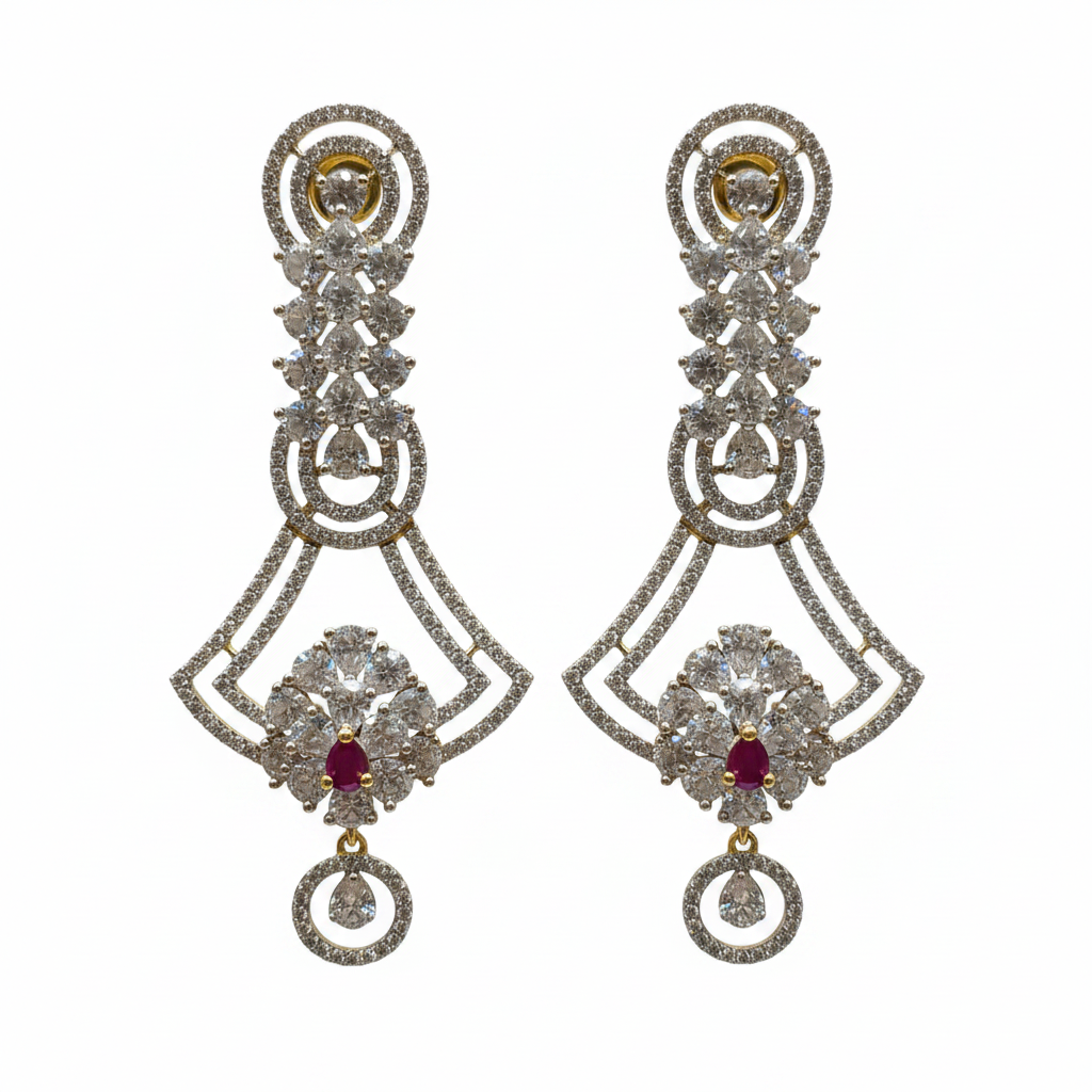 CZ Open Fan Chandelier Earrings - Gold Finish White Background Studio Shot