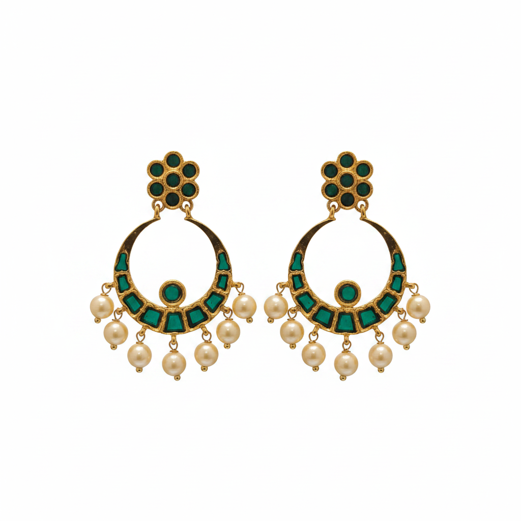 Emerald Chandbali Earrings – white background studio shot