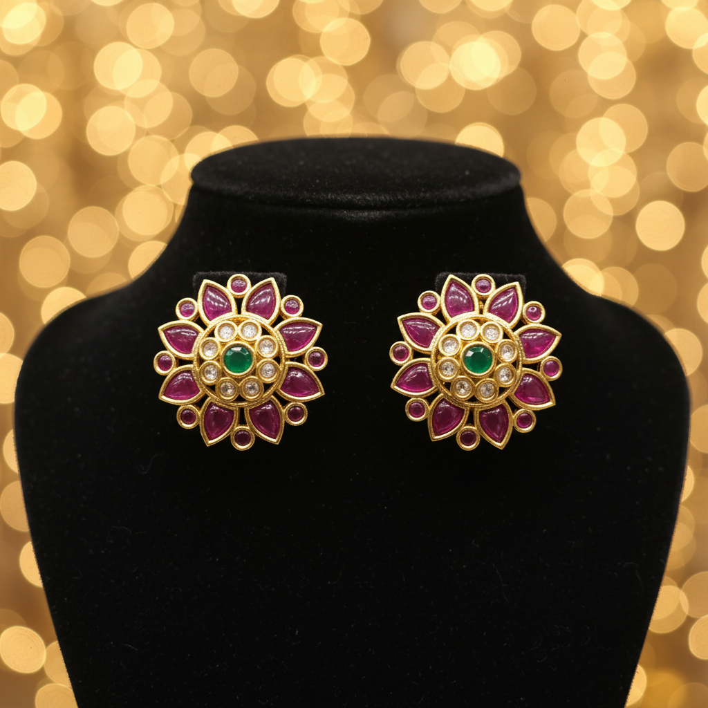 Lifestyle - Kempu Kundan Floral Stud Earrings on Black Velvet Stand