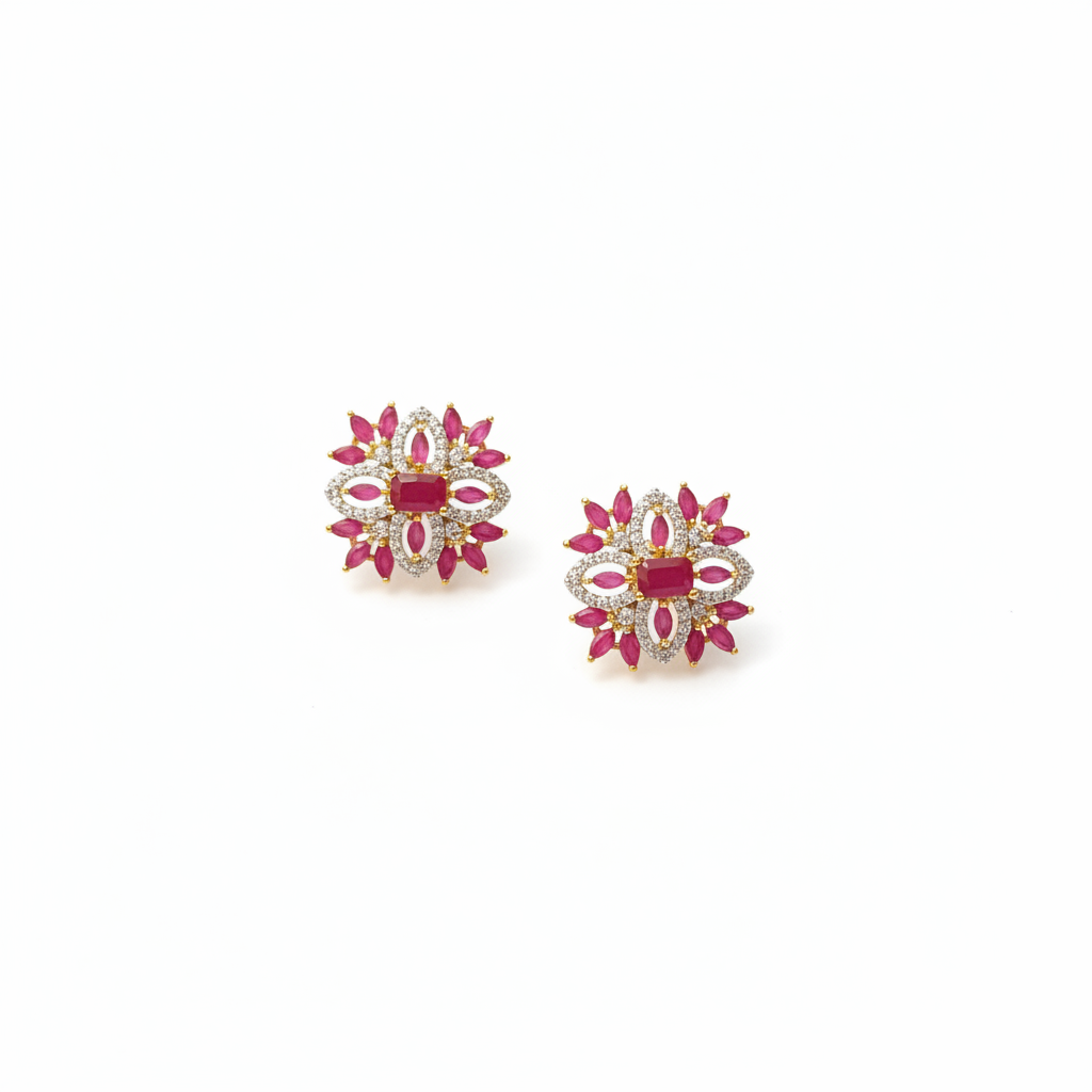 Ruby red starburst flower stud earrings on white background
