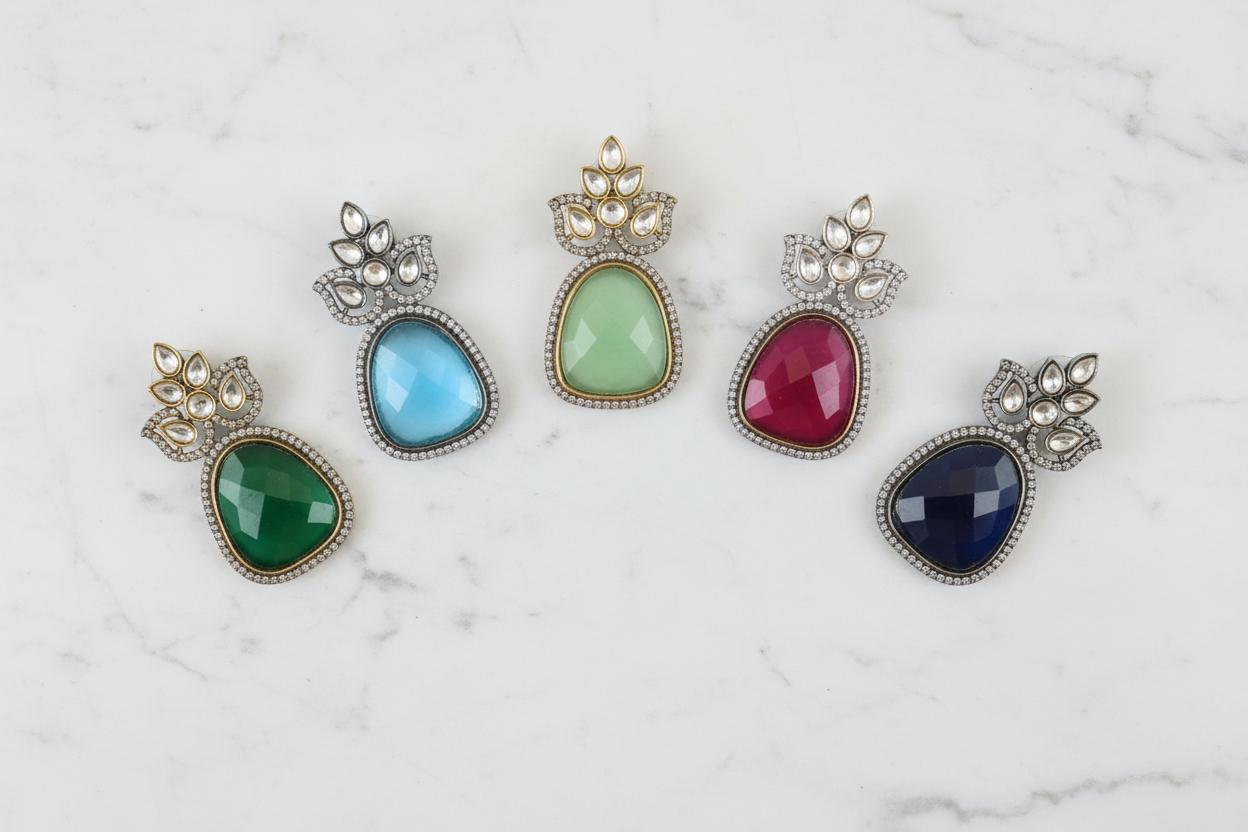 Victorian Kundan Earrings - All 5 Colors Flat Lay
