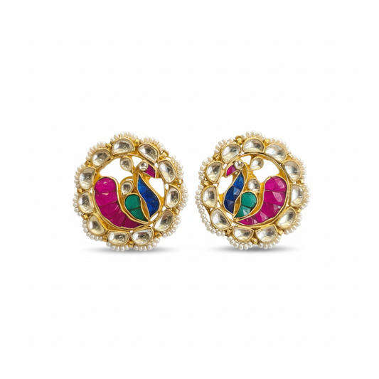 Navratna Kundan Peacock Studs - White Background Hero Shot