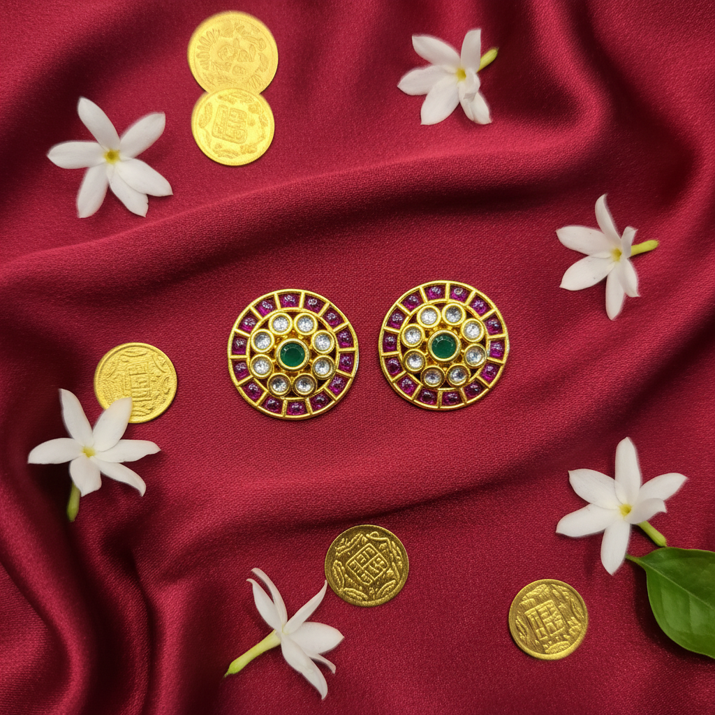 Kempu Kundan Round Stud Earrings flat lay on red silk with jasmine flowers