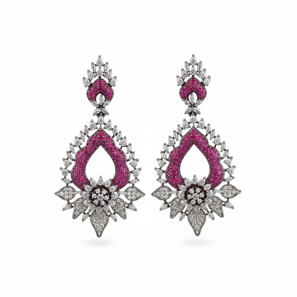 Victorian Ruby Pink CZ Chandelier Earrings - White Background