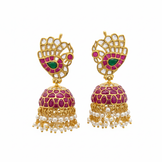Peacock Fan Kempu Kundan Jhumka - White Background