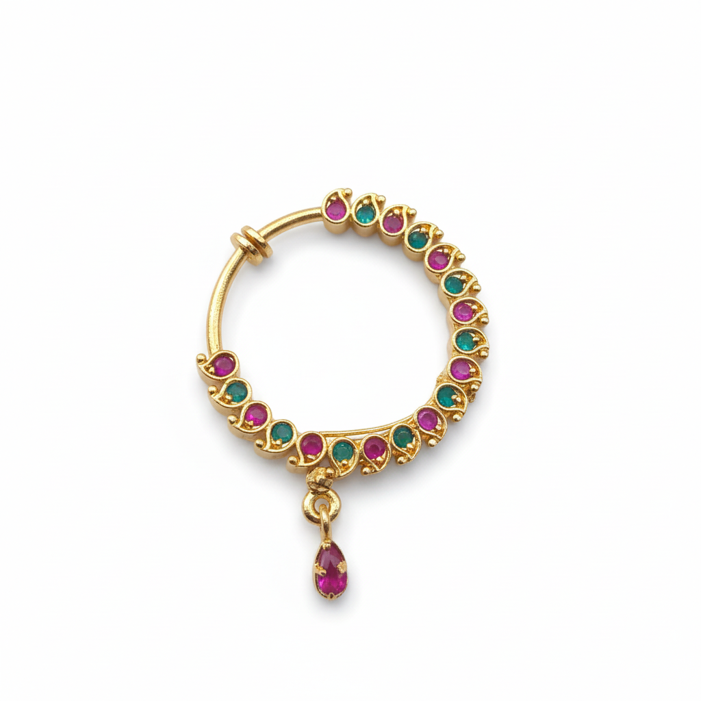 24K gold plated non-piercing nose ring with pink and clear gemstones on white background