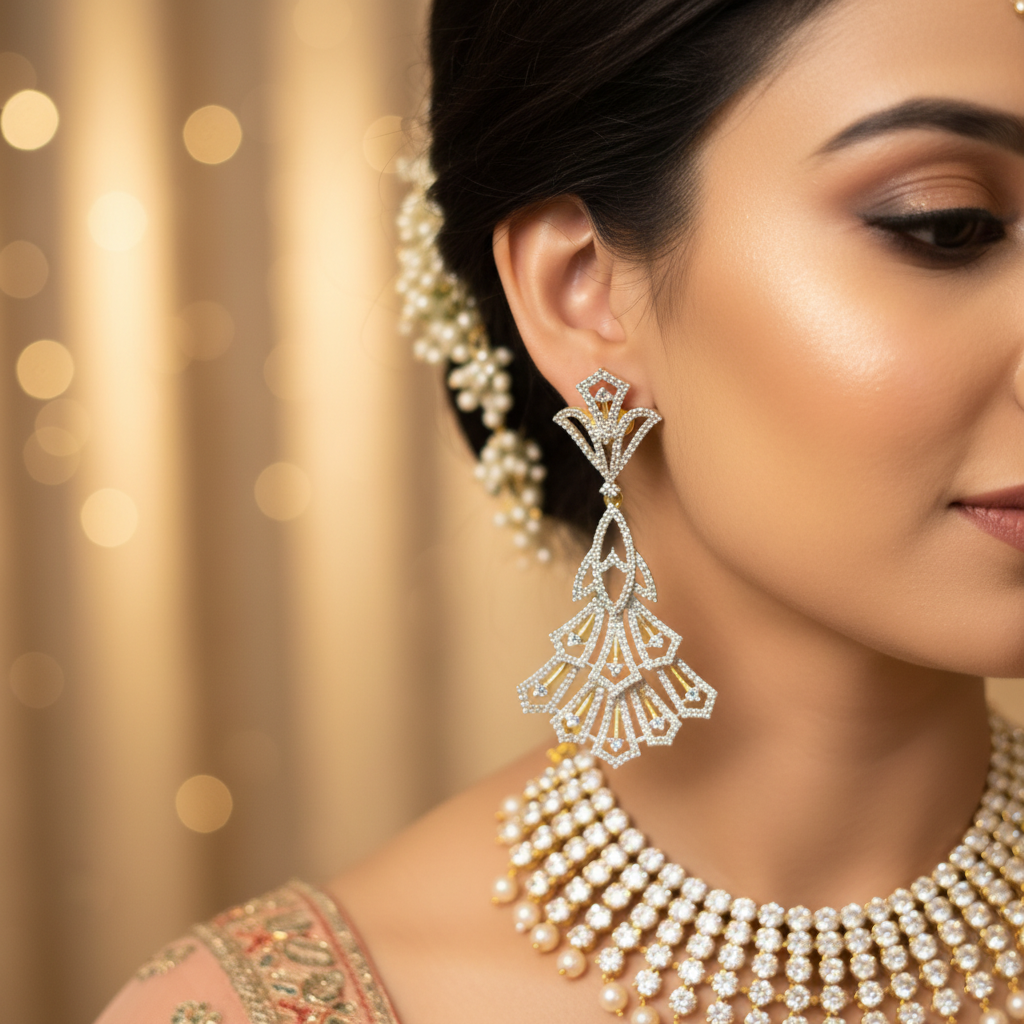 CZ Art Deco Fan Chandelier Earrings - On-Model Bridal Lifestyle Shot