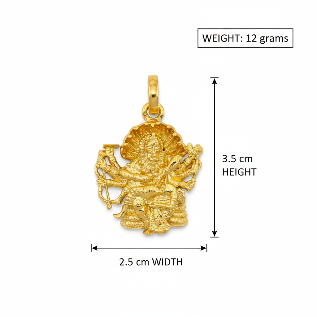 Size infographic – Narasimha Swami pendant 3.5cm x 2.5cm, 12 grams