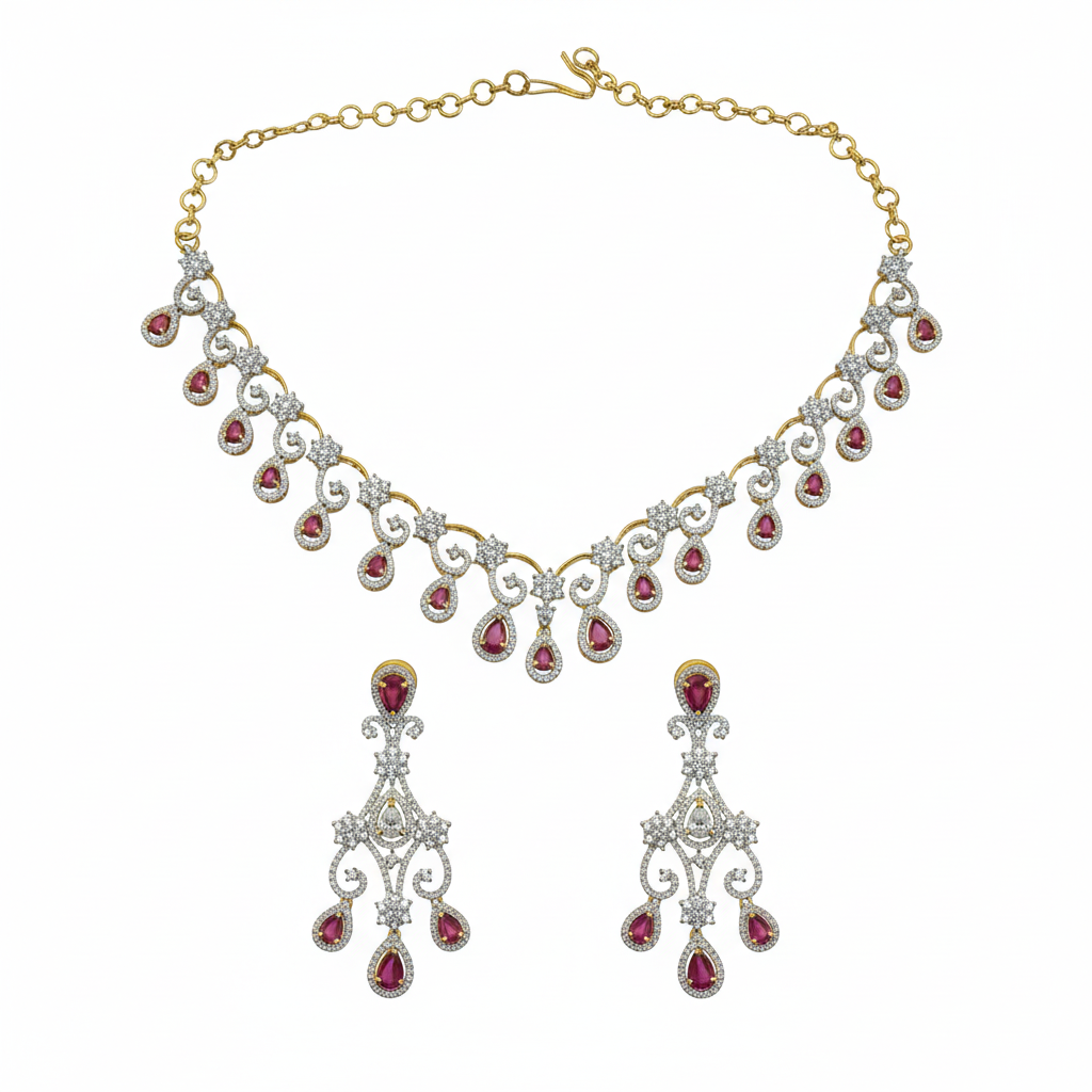 American Diamond necklace set on white background