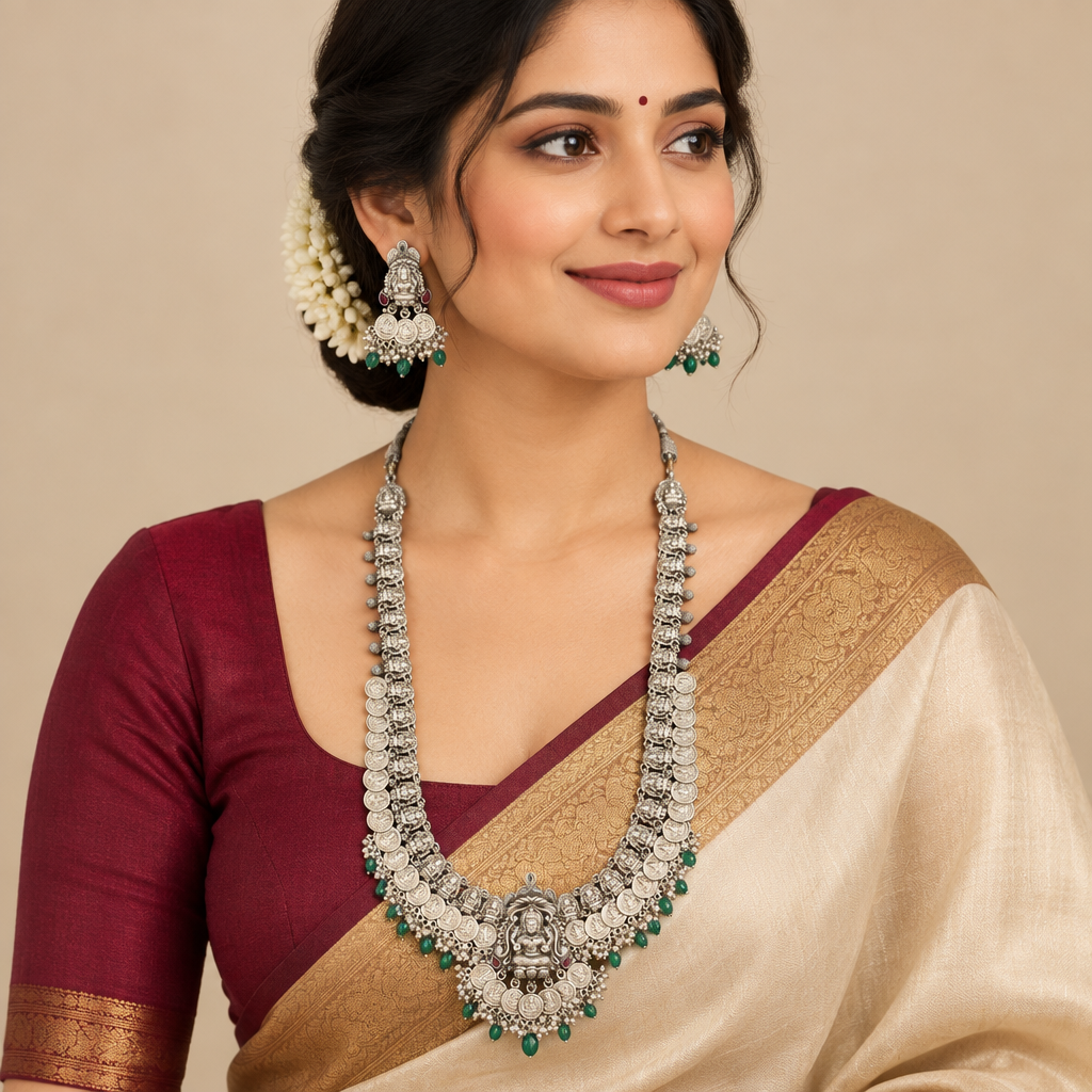 Model wearing an oxidized Lakshmi long haram necklace and matching jhumka earrings