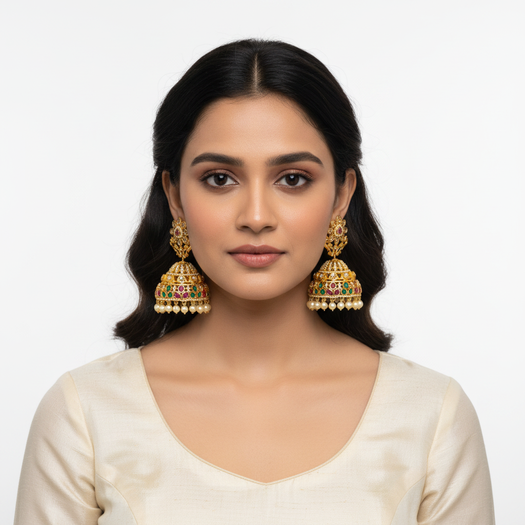 Model wearing Polki Jhumka - Multi colour
