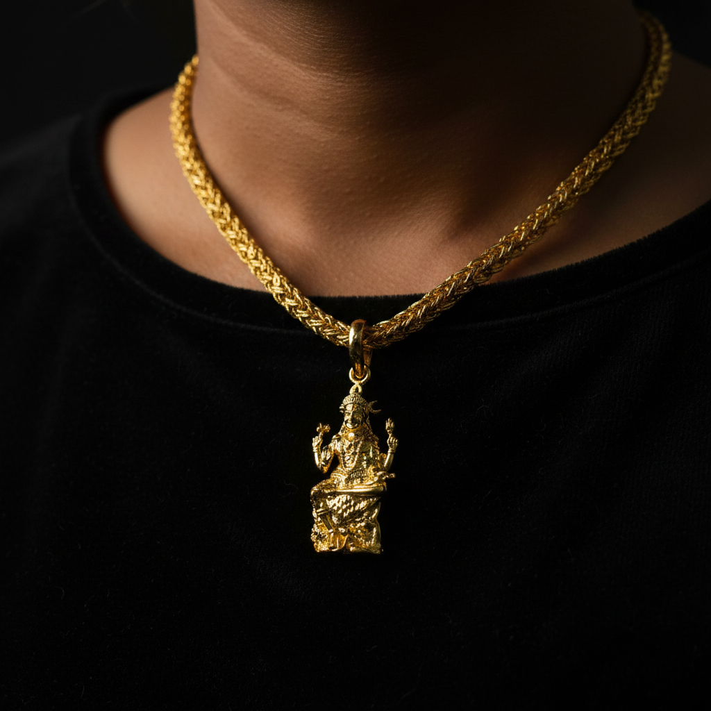 Dakshinamurthy pendant worn on neck with gold chain – lifestyle editorial photo