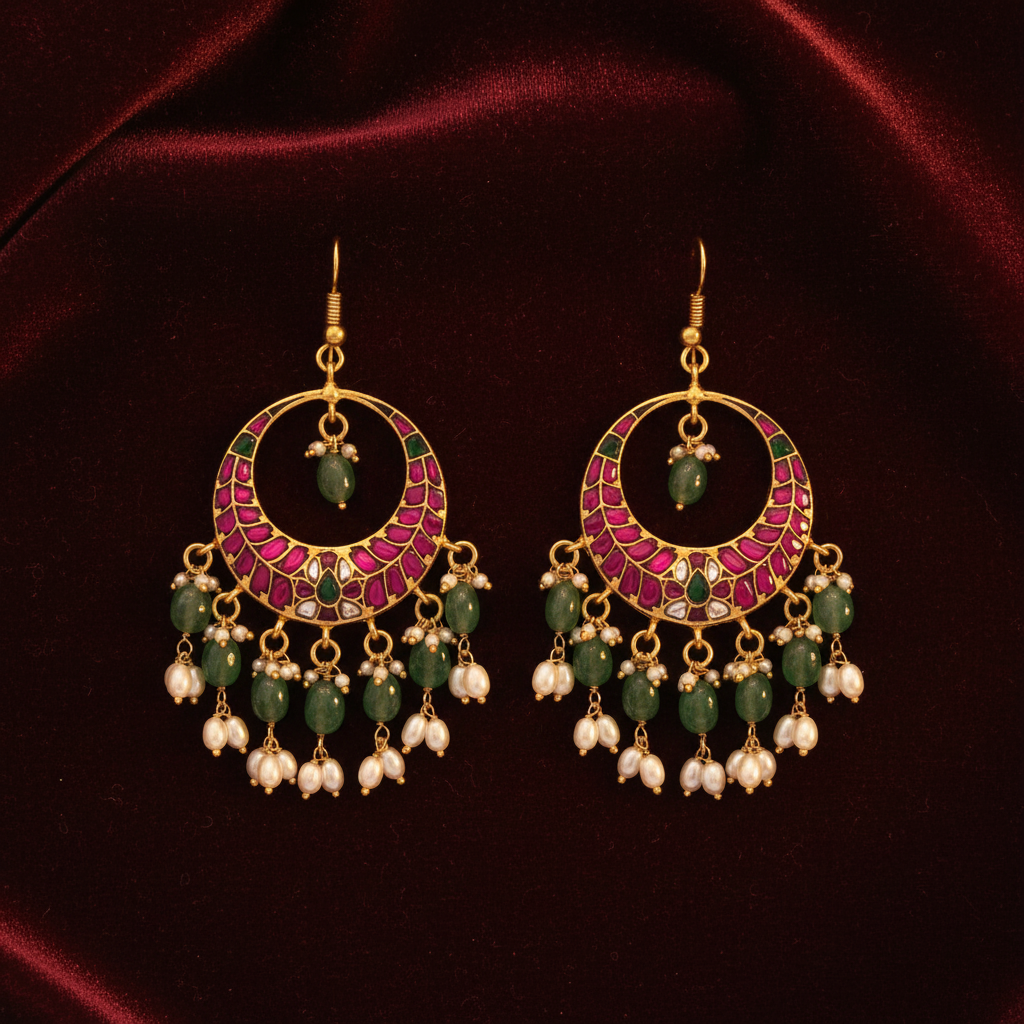 Jadau Kundan Chandbali Dangler Earrings on burgundy velvet flat lay
