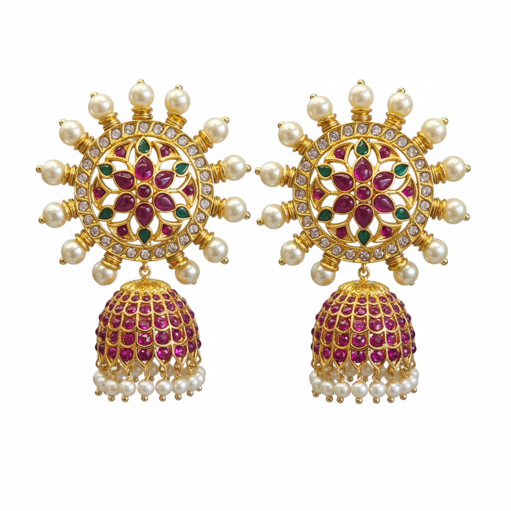 Kempu Polki Chakra Jhumka pair shot
