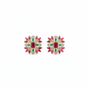 Ruby green two-tone starburst flower stud earrings on white background