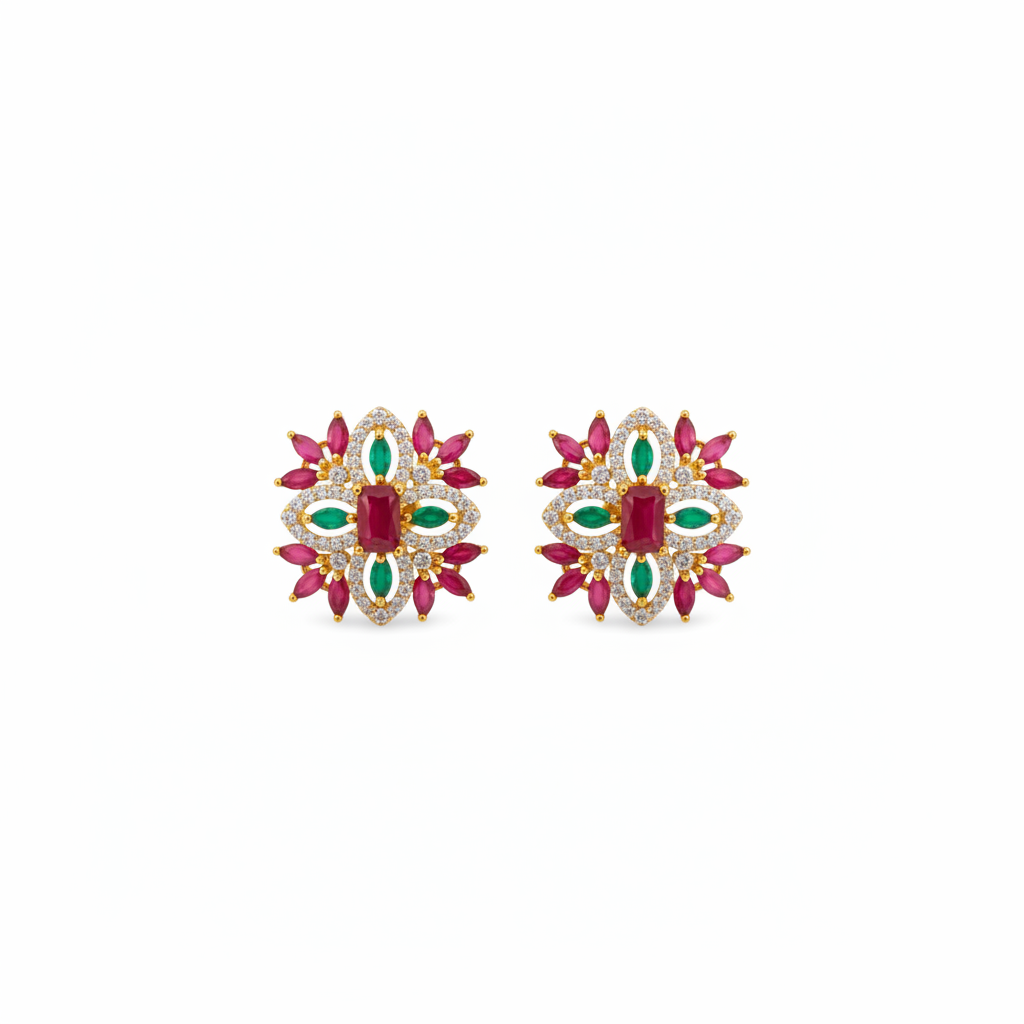 Ruby green two-tone starburst flower stud earrings on white background