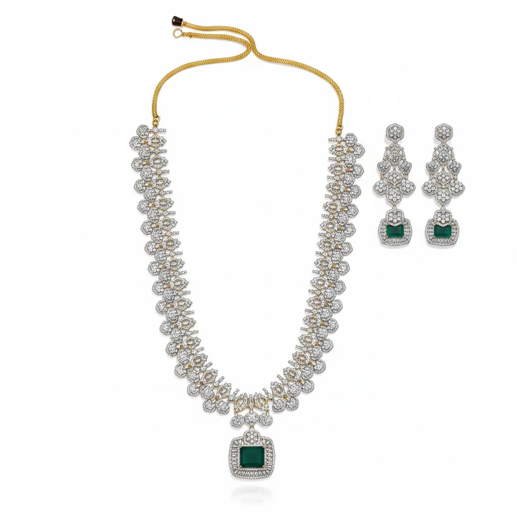 CZ Diamond Long Necklace Set – Flat Lay
