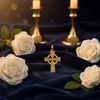 Celtic Cross Locket on navy velvet with white roses